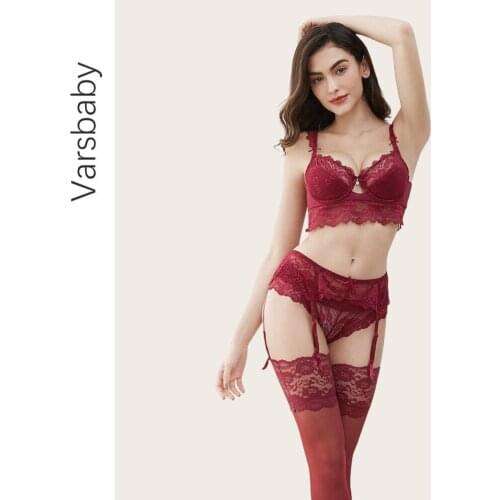 Varsbaby Women Lingerie Set Sexy Bra Set Push Up Padded Bra + Garter Belt + Lace Panties + Stockings 4Pcs/lot Underwear Set