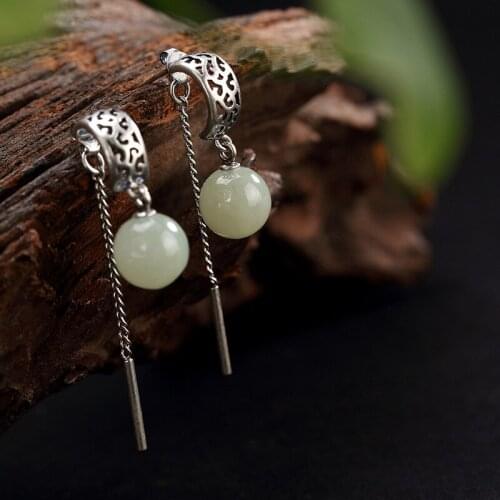 Natural white jade round earrings 925 silver carved charm jadeite jewelry fashion for women gifts jewelry pearl earrings