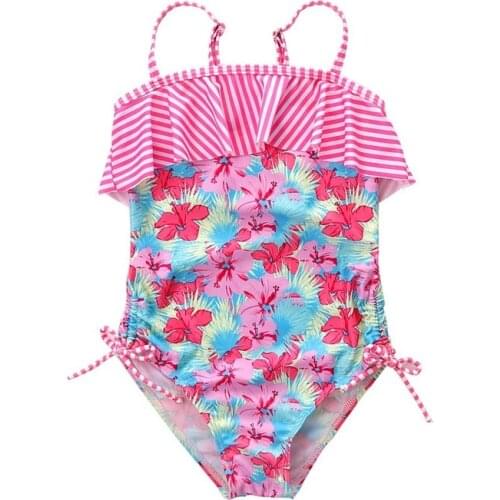 Baby Girls Swimwear 2021 Girl Ruffle Striped Floral Tankini Kids Bikini One-piece Swimsuit Bandage Bathing Suit Cute Beachwear