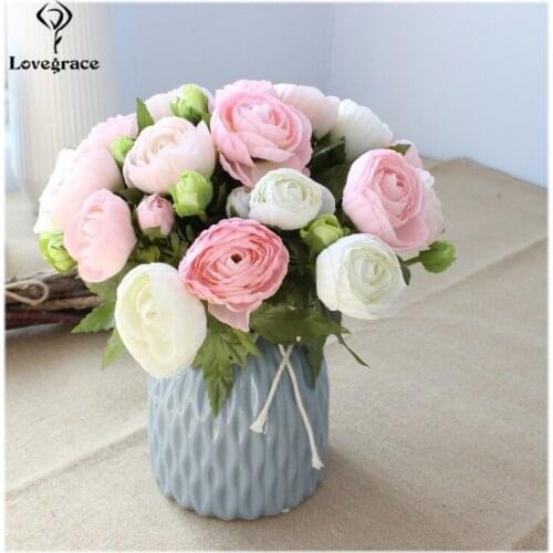 Lovegrace 10 Heads Mini Tea Rose Bouquet Flower Artificial Silk Rose Bride Sister Holding Bouquet Living Room Table Decoration