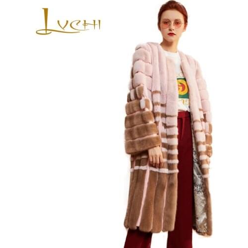 LVCHI 2019 Swan Velvet Mink Fur Coat Full Sleeve Real Fur Coats O-Neck Striped Contrast Color long New Winter Mink Fur Coats