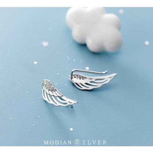 Modian Trendy Feathers Stud Earrings for Women Genuine 925 Sterling Silver Shiny CZ Angel Wings Asymmetry Ear Pin Fine Jewelry