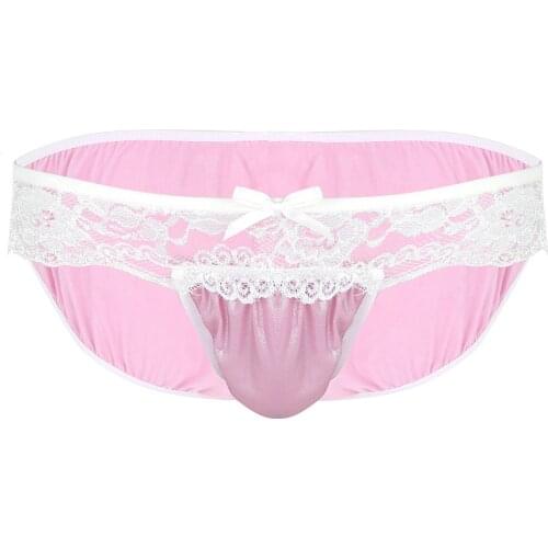 Men Hot Sexy Sissy Panties Low Waist Lingerie Underwear Erotic Stretchy Soft Shiny Floral Lace Bikini Briefs Gay Underpants 2021