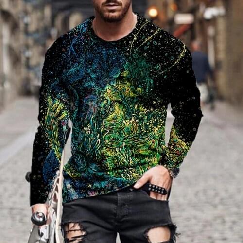 2021 European and American new mens and womens long-sleeved T-shirt 3D printing round neck street trend