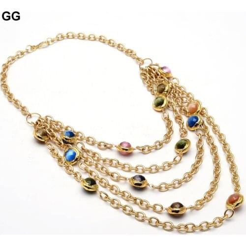 GG Jewelry Punk 5 Strands Multi Color Cats Eye Gold Color Plated Chain Layers Necklace 19" For Women