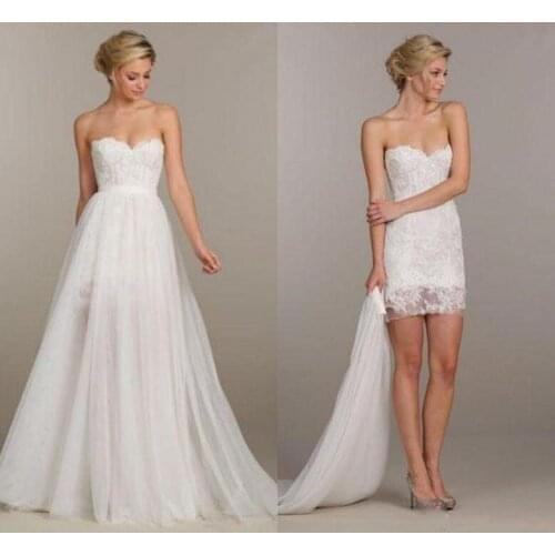 Sexy Summer Convertible Short Beach Boho Party Wedding Dresses Two Pieces Detachable Overskirt Cheap Lace Bridal Gown