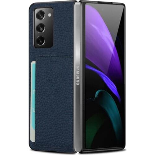 Luxury Genuine Leather Case for Samsung Galaxy Z Fold 2 Fold2 W21 5G Lychee Pattern Case Shockproof Flip Cover Card Slots