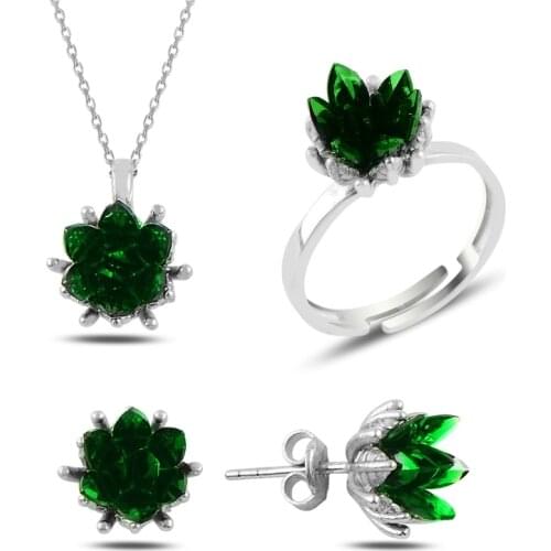 Silver 925 Sterling Lotus Flower Emerald Zircon Cubic Zirconia Set