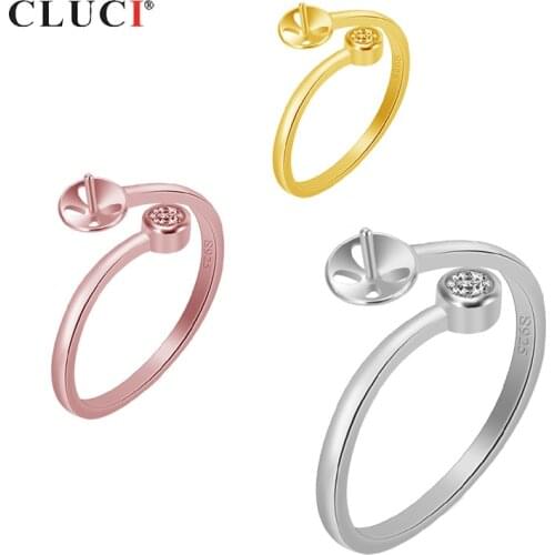 CLUCI Silver 925 Adjustable Pearl Ring Mounting Women Sterling Silver Simple Zircon Ring Jewelry SR2057SB