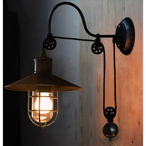 Vintage Loft Antique iron Wall lamp Lift Retractable Pulley Wall Sconce Lighting for bedside Bar Cafe Light 110-240V