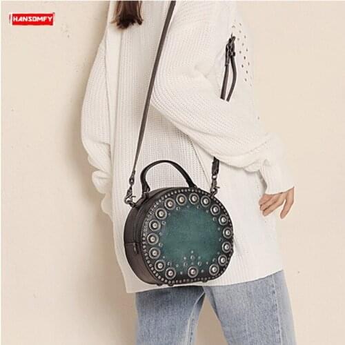 Women Handbags Rivet Diagonal Crossbody Bag Shoulder Bags Small Retro 2020 The First Layer of Leather Round Wild Leather Female