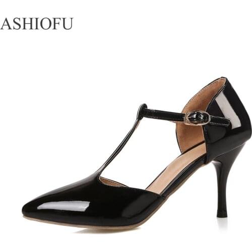 ASHIOFU Hot Womens Pumps T-strap Pointy Party Prom Dress Shoes Stiletto High Heel Large Size Court Shoes