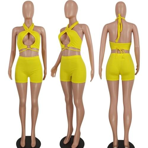 Gaono 2 Piece Women Suit Summer Sweatsuits Off Shoulder Halter Tank Tube Crop Tops Bandage Hollow Out Biker Shorts Clubwear