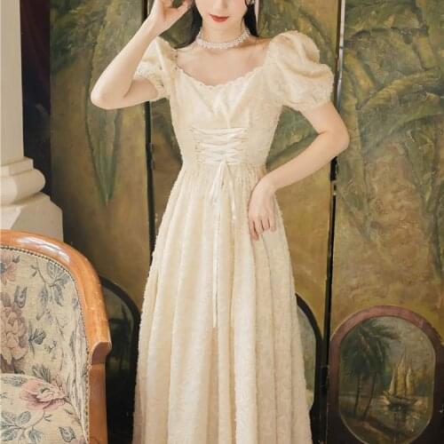 Bella 2021 New Vintage Dress Elegant Puff Sleeve Midi Dress Summer Drawstring Floral Elegant French Style Summer Party Vestidos