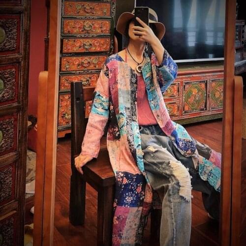 Women Loose Ramie Patchwork Ramie Long Coat Female Vintage Spliced Ramie Coat Female Trench Coat 2020 Summer