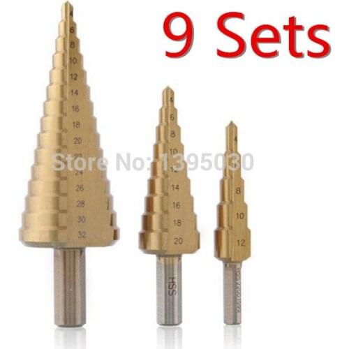 9Sets/Lot 3pcs HSS Steel Spiral grooved Cone Step Drill Drills Bit 4mm to 12mm 20mm 32mm Hole Cut Tool Set