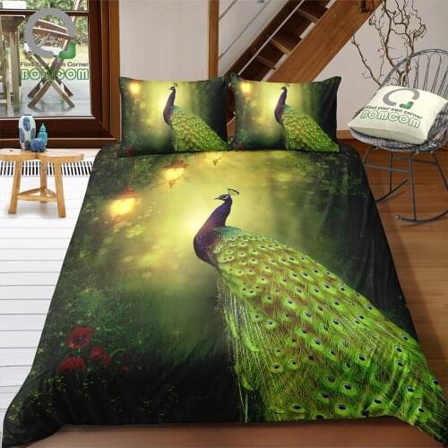 BOMCOM 3D Digital Printing peacock print Duvet cover set peacock in green forest lamp Bedding Set 100% Microfiber