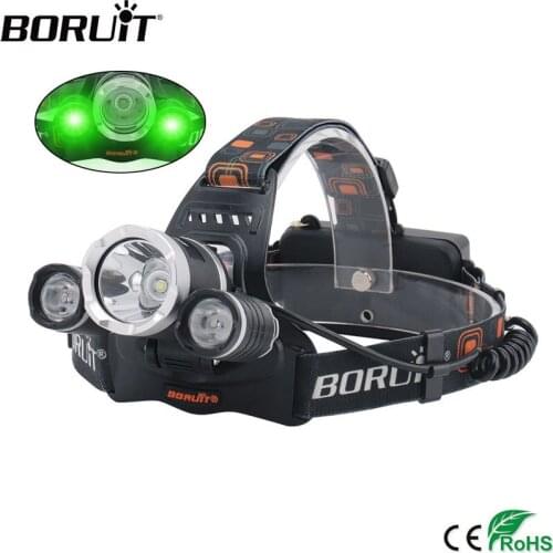 BORUiT RJ-3000 T6 XPE Green Light LED Headlamp 3-Mode Waterproof Headlight Rechargeable 18650 Head Torch for Hunting Camping