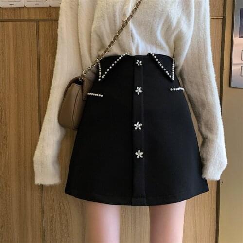 Black Short Mini Skirts Women Winter Beaded High Waist A Line Skirt Ladies Streetwear Slim Bottoms Saias 2020