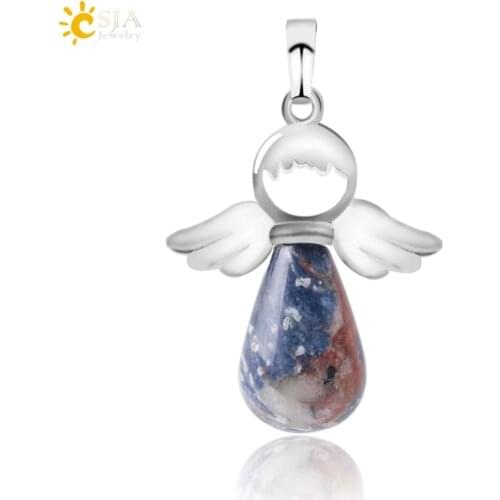 CSJA Natural Stones Angels Pendant for Necklace Pink Quartz Onyx Pendants Silver-color Water Drop Female Child Jewelry Gift E949