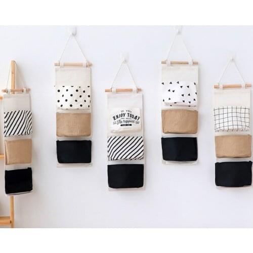 Cotton Linen Wall Hanging Storage Bags Nordic Black White Wardrobe Hang Bags Cosmetic Toys Sundries Organizer Pouch WF921