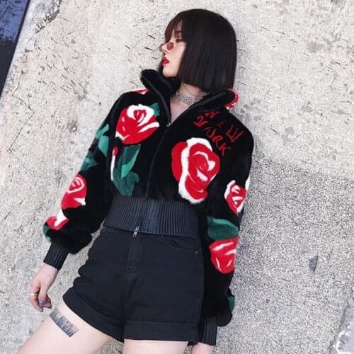 LVCHI 2019 Winter USA Import Mink Fur Coat Real Fur Coats Women Long Sleeve Mandarin Collar Print Flower Short Mink Fur Coats