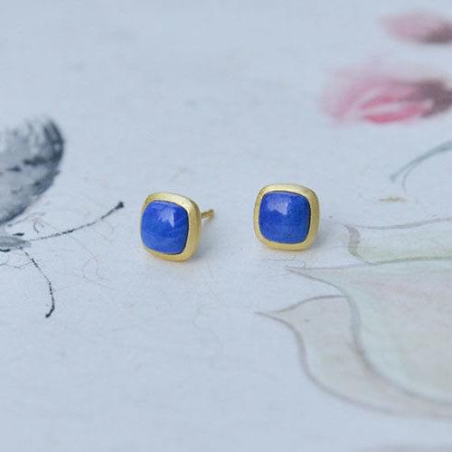Classic Square Natural Afghan Lapis Lazuli Stud Earrings S925 Sterling Silver Inlaid Earrings Womens Elegant Noble Style
