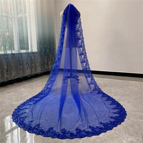 Royal Blue Bridal Wedding Veils Cathedral Long One Layer With Comb Tulle Accessories 3 4 5 metres Veil for Brides Sequins Lace