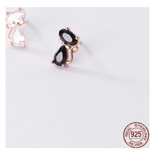 LKO 925 Sterling Silver Black White Zircon Asymmetry Cat Stud Earrings For Fashion Women Animal Party Fine Jewelry Gift