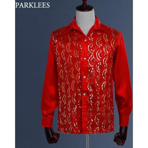 Red Silk Satin Men Shirt Sequin Wedding Party Men Dress Shirt Disco Stage Dancer Men Long Sleeve Fashion Patchwork Shirts Mens