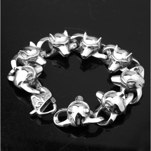 Top Quality Titanium Silver Color Mens Bracelet on the Hand Wolf Head Design Stainless Steel Jewelry Accessories Friends Gift