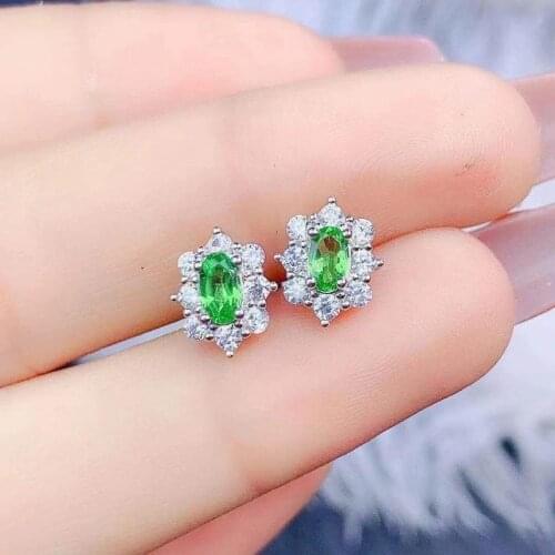 Natural green Tsavorite stud earrings 925 silver natural green garnet earrings Lovely round Sun flower girl party gift jewelry