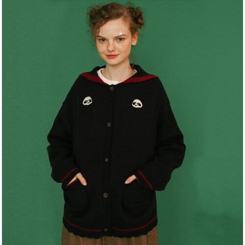 New Design Warm Spring Winter Women Sweater Cardigan Panda Embroidery Red Stripe Stitching Dark Blue Ladies Knitted Coats