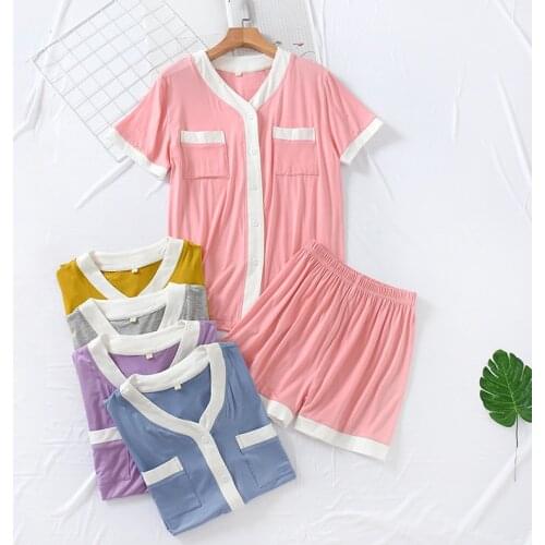 Womens Short Sleeve Shorts Modal 2PCS Pajamas Suit Summer New Casual V-Neck Home Wear With Pocket Sleepwear Lounge Nightwear