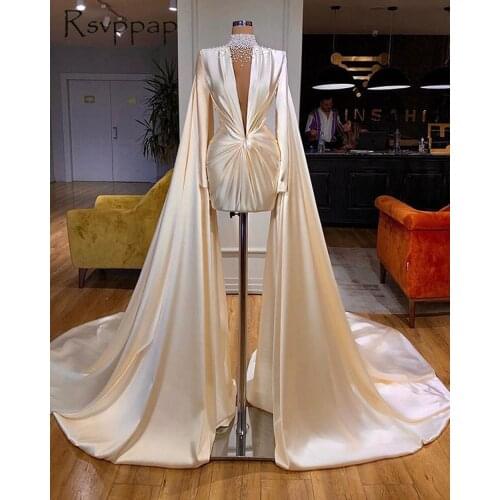 Real Sample Long Evening Dresses 2021 High Neck Long Sleeve Pearls Ivory Dubai Design African Women Twill Satin With Shawl