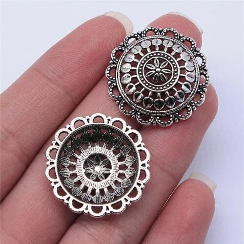 Tristana 10pcs 27x27mm Antique Silver Color Round Hollow Flower Charms Pendant For Jewelry Making DIY Jewelry Findings