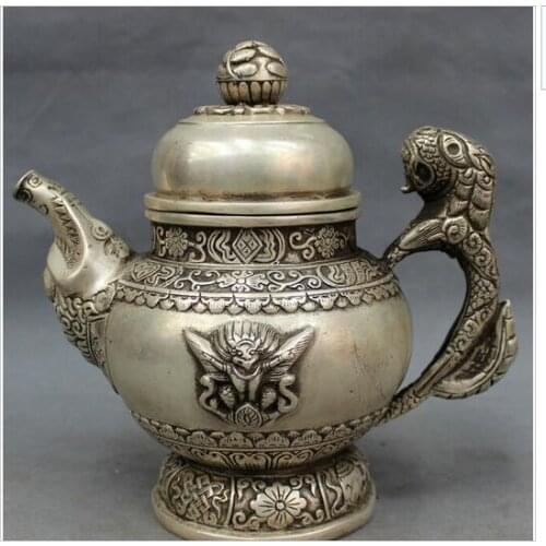 Decoration copper silver factory outlets 8" Tibet Silver Buddhist Redpoll Buddha Statue Auspicious Flower Teapot Wine Pot