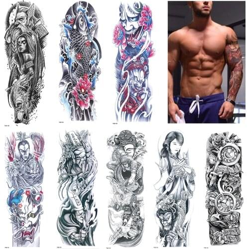1 Sheets Full Arm Temporary Tattoo, Black colorful fake tattoo for Man Women,dragon skull devil angle ect mix design