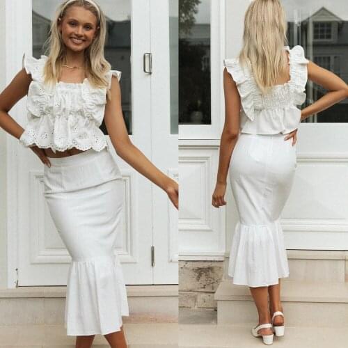 Summer New Women Solid Color Fishtail Skirt Slim Fit Ruffle Hem High Waist Skirts For Summer White Casual Wear Party Wear S M L