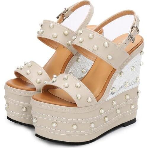 Moraima Snc Newest 16cm Wedge Sandal Woman Open Toe Pearls Beaded Platform Summer Shoes Super High Clubwear Party Dress Heels