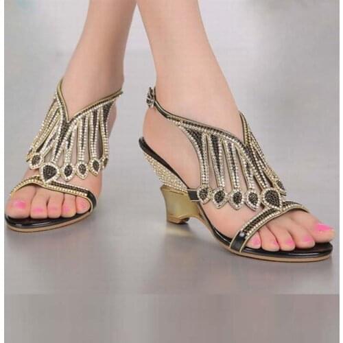 2018 fashion tassel rhinestone luxury crystal women wedges high heels sandals cut-outs hollow ladies summer shoes big size 34-44