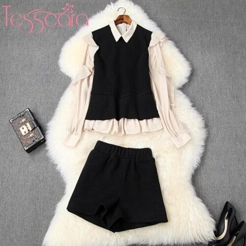 TESSCARA Women Runway Designer Elegant Pant Suit Set High Quality Office Cocktail Party Suits Chiffon Blouse Knitted Tank Shorts