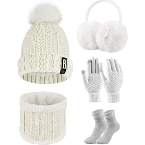 Women Winter Knitted Hat and Scarf Set Winter Gloves Socks and Earmuffs Warming Outdoor Set HSJ88