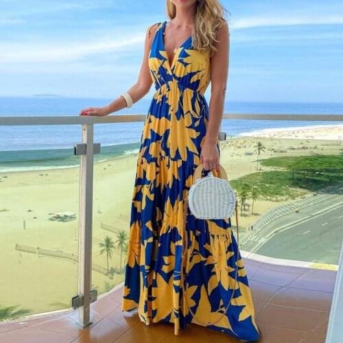 2021 Bohemian Dress Women Retro V-Neck Sleeveless Loose Long Party Dress Spring Summer Floral Print Straps Maxi Dresses Vestidos