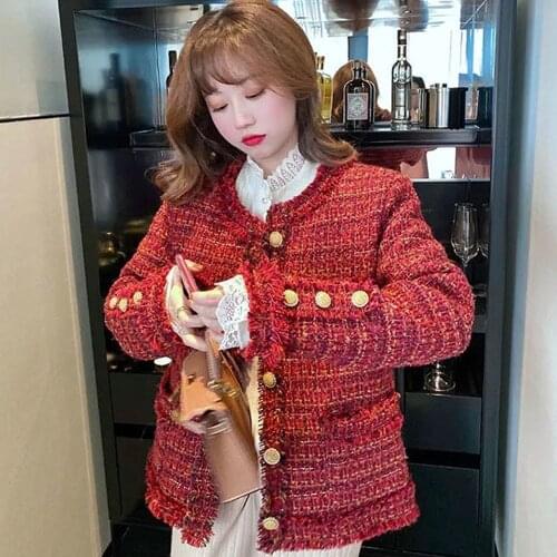 Red Elegant Ladies Small Fragrant Wind Tweed Short Coat Lady Temperament Versatile Spring Autumn 2021 New Coat Womens Clothing