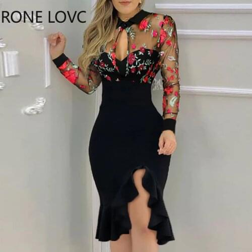 Floral Patterh Sheer Mesh Slit Dress Women Spring Dress