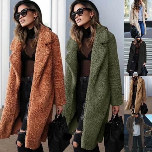UK Womens Teddy Bear Long Knee Coat Ladies Vintage Faux Fur Jacket Lapel Outwear