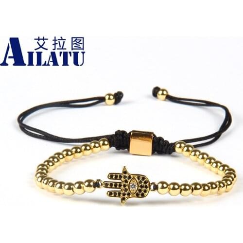 Ailatu Fashion Men Bracelets Hamsa Fatima Hand Style Beads Macrame Cz Bracelets