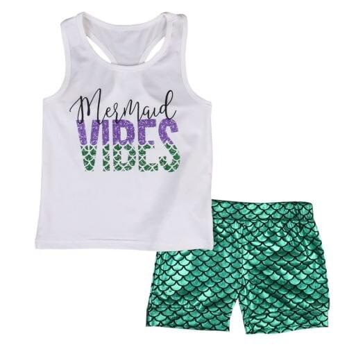 Lovely Toddler Girls Kids Mermaid Outfits Clothes Summer Vest Shorts 2PCS Set Size 2-6Y