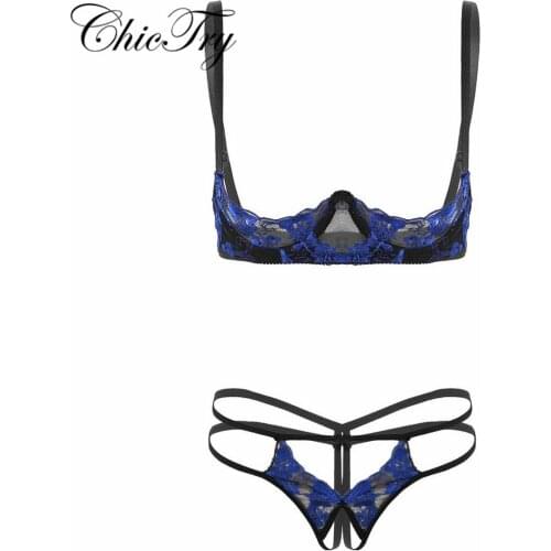 Womens Femme Sexy Erotic Lace Lingerie Set Exposed Breasts Underwire Open Cup Bra Top with Crotchless Open Crotch Sissy G-string